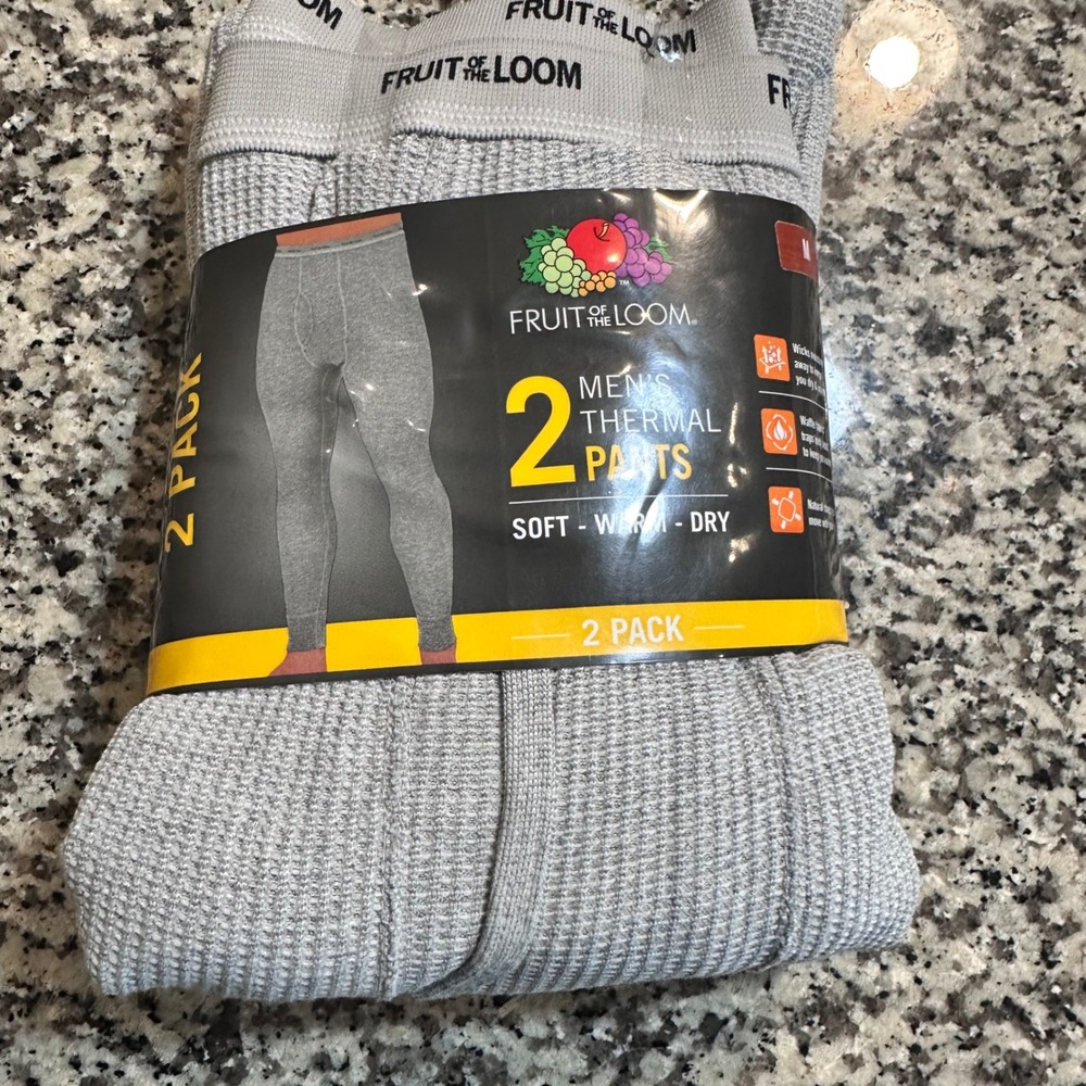 Fruit of the Loom Mens Thermal Pants 2 Pack Light Grey Heather FLMM22PK Size M